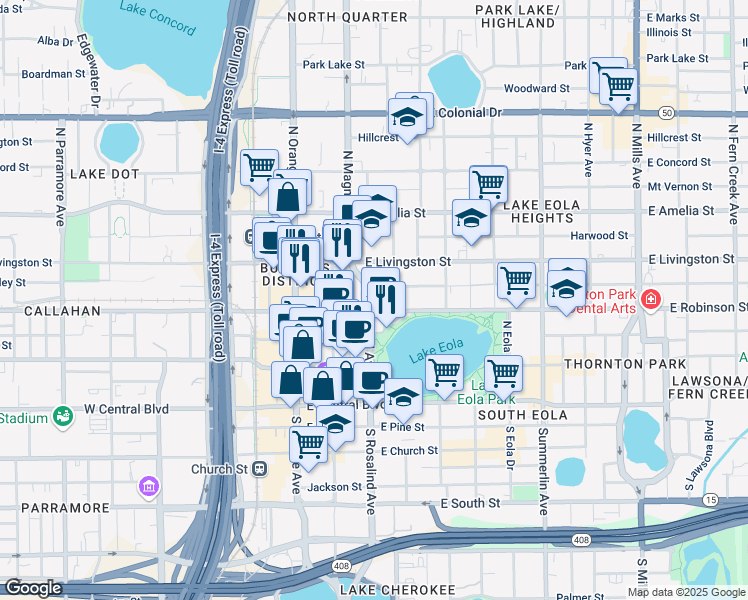 map of restaurants, bars, coffee shops, grocery stores, and more near 124 East Ridgewood Street in Orlando