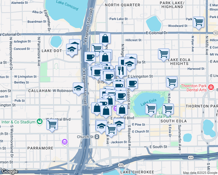 map of restaurants, bars, coffee shops, grocery stores, and more near 340 North Orange Avenue in Orlando