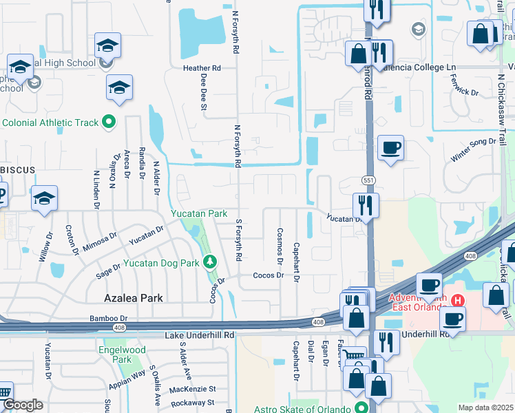 map of restaurants, bars, coffee shops, grocery stores, and more near 104 Flower Queen Court in Orlando