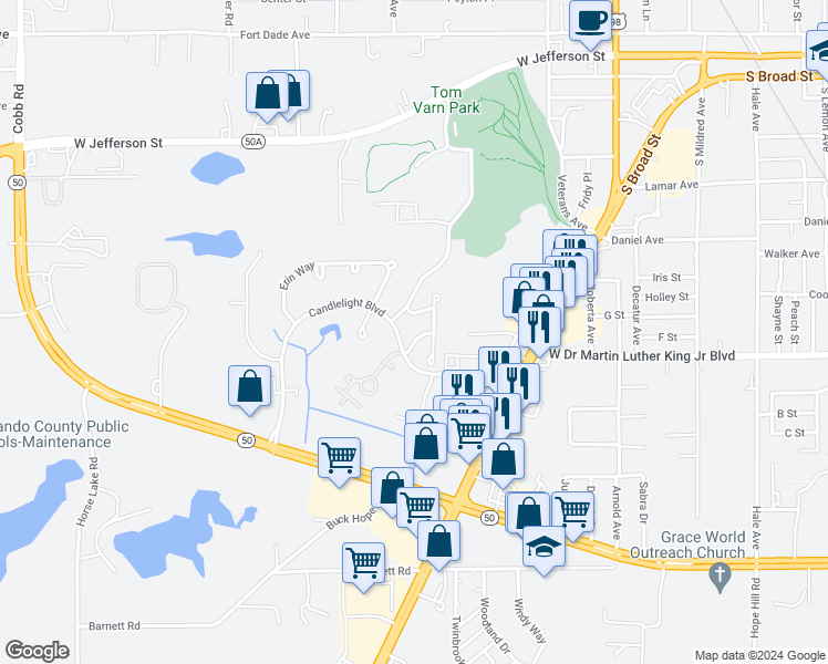 map of restaurants, bars, coffee shops, grocery stores, and more near 940 Coachlight Lane in Brooksville