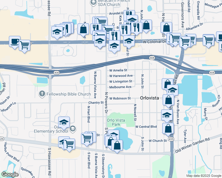 map of restaurants, bars, coffee shops, grocery stores, and more near 6209 Melbourne Avenue in Orlando