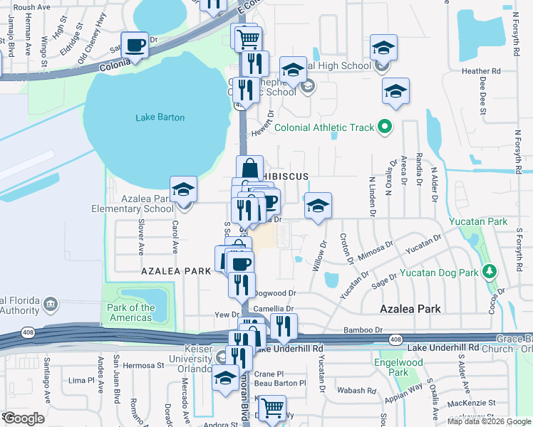 map of restaurants, bars, coffee shops, grocery stores, and more near 5725 Dahlia Drive in Orlando