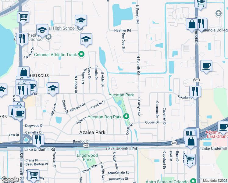 map of restaurants, bars, coffee shops, grocery stores, and more near 6413 Yucatan Drive in Orlando