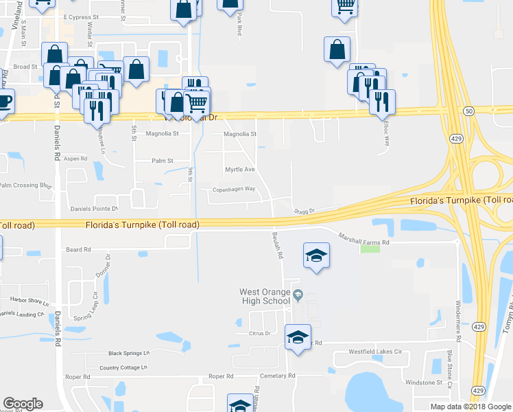 map of restaurants, bars, coffee shops, grocery stores, and more near 1400 Danish Court in Winter Garden