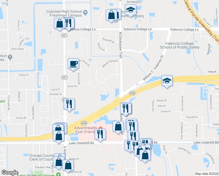 map of restaurants, bars, coffee shops, grocery stores, and more near 7960 Pine Crossing Circle in Orlando