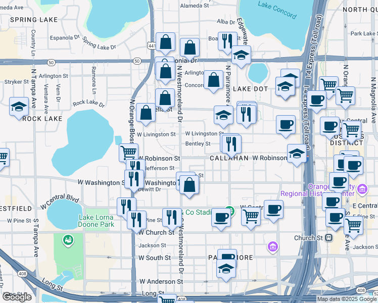 map of restaurants, bars, coffee shops, grocery stores, and more near 317 North Westmoreland Drive in Orlando