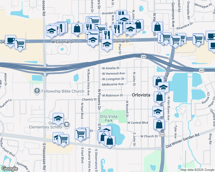 map of restaurants, bars, coffee shops, grocery stores, and more near 6209 Melbourne Avenue in Orlando