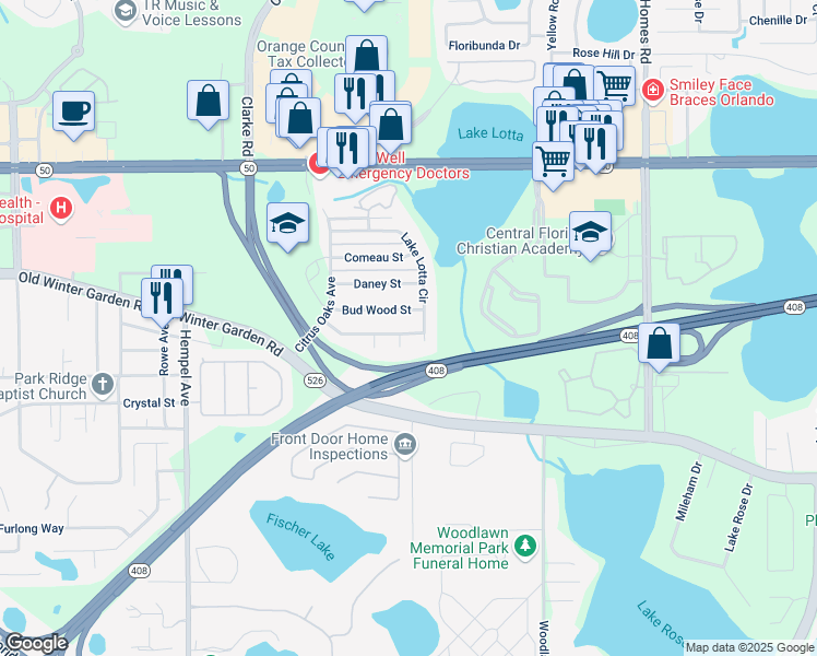 map of restaurants, bars, coffee shops, grocery stores, and more near 9320 Bud Wood Street in Gotha