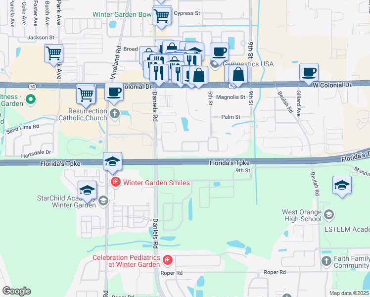 map of restaurants, bars, coffee shops, grocery stores, and more near 311 Daniels Pointe Drive in Winter Garden
