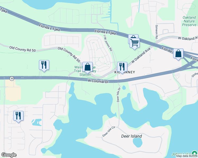 map of restaurants, bars, coffee shops, grocery stores, and more near West Orange Trail in Winter Garden