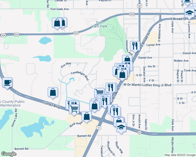 map of restaurants, bars, coffee shops, grocery stores, and more near 839 Village Drive in Brooksville