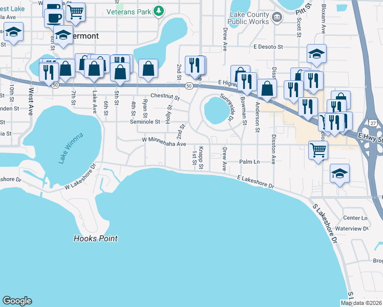 map of restaurants, bars, coffee shops, grocery stores, and more near 181 West Minnehaha Avenue in Clermont