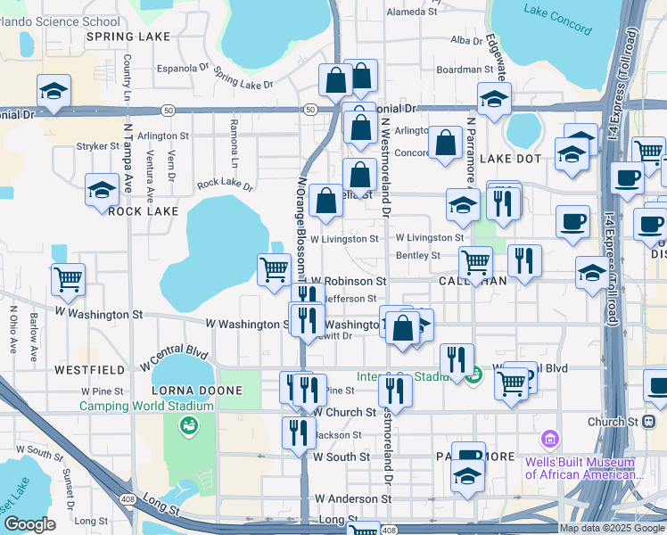 map of restaurants, bars, coffee shops, grocery stores, and more near 1203 West Robinson Street in Orlando