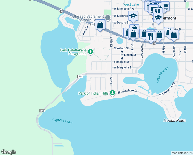 map of restaurants, bars, coffee shops, grocery stores, and more near 1289 Shorecrest Circle in Clermont