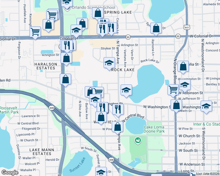 map of restaurants, bars, coffee shops, grocery stores, and more near 2016 West Livingston Street in Orlando