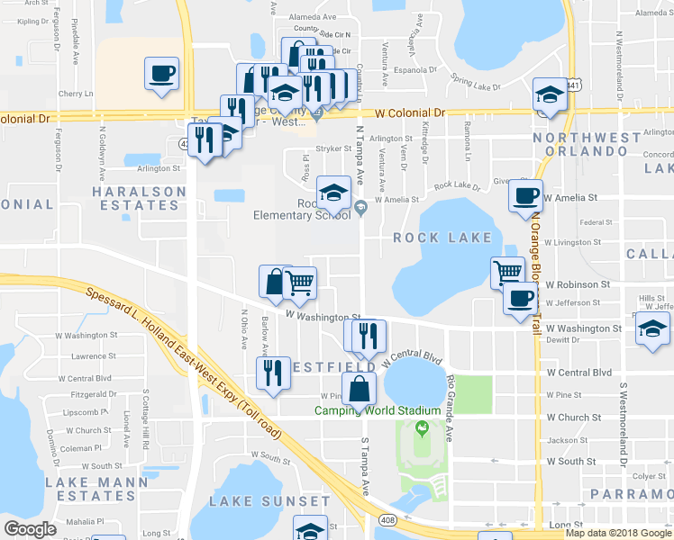 map of restaurants, bars, coffee shops, grocery stores, and more near 2016 West Livingston Street in Orlando