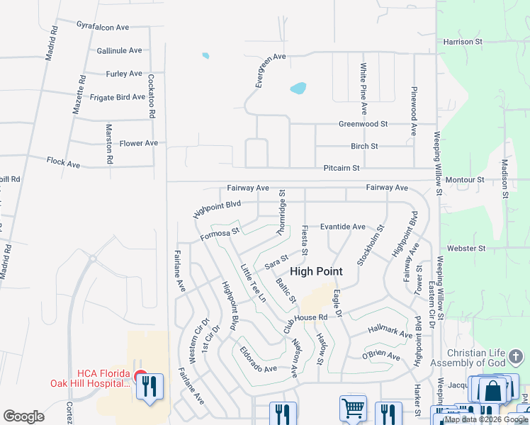 map of restaurants, bars, coffee shops, grocery stores, and more near 12075 Walshwood Avenue in Brooksville