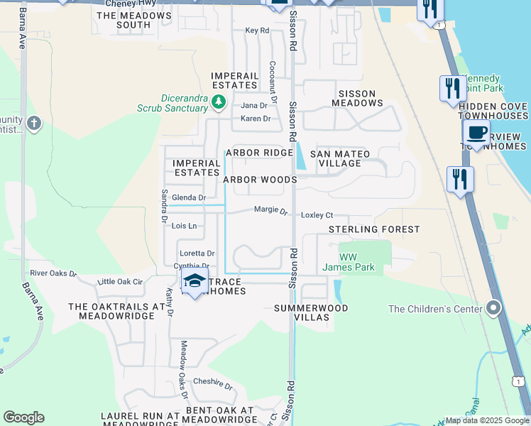 map of restaurants, bars, coffee shops, grocery stores, and more near 545 Margie Drive in Titusville