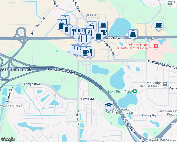 map of restaurants, bars, coffee shops, grocery stores, and more near 1740 Old Fashioned Way in Ocoee