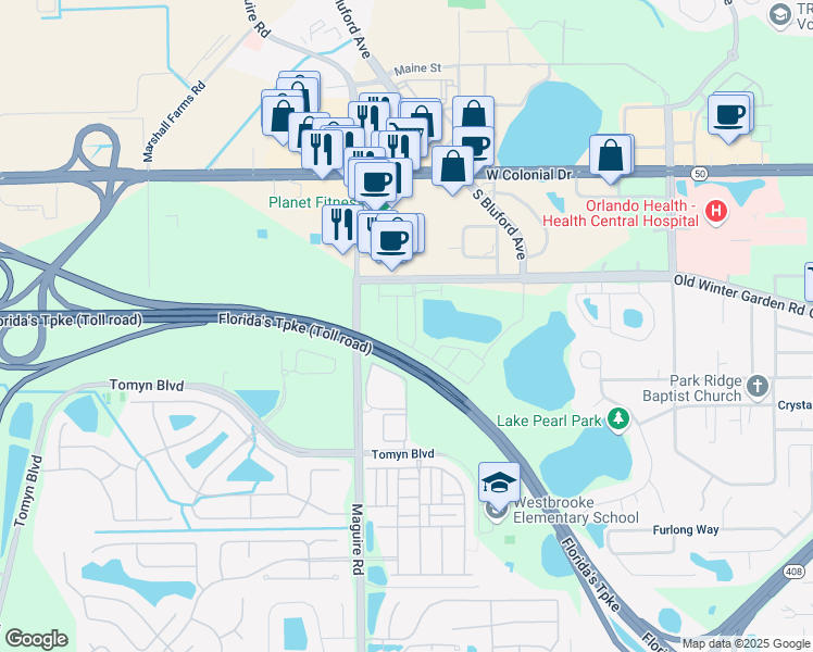 map of restaurants, bars, coffee shops, grocery stores, and more near 1740 Old Fashioned Way in Ocoee