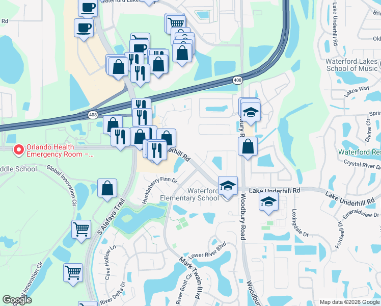 map of restaurants, bars, coffee shops, grocery stores, and more near 30 Pied Court in Orlando