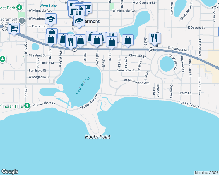 map of restaurants, bars, coffee shops, grocery stores, and more near 1620 5th Street in Clermont