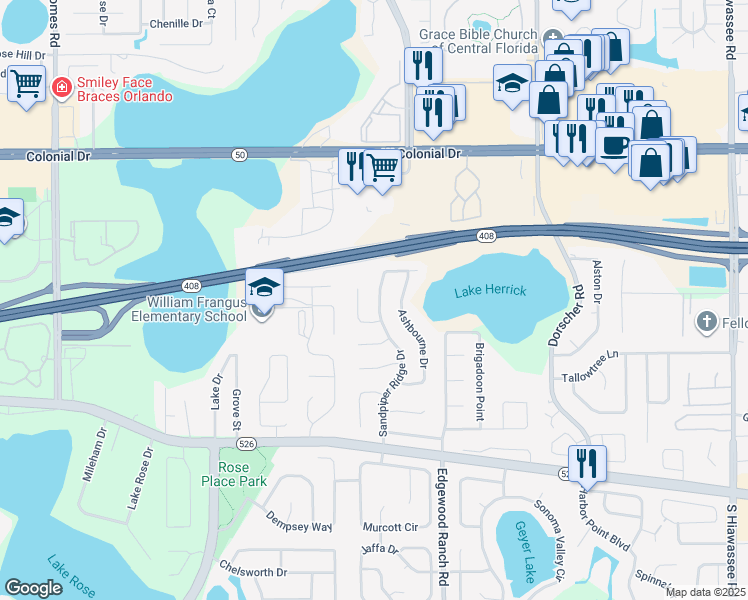 map of restaurants, bars, coffee shops, grocery stores, and more near 419 Sandpiper Ridge Drive in Orlando