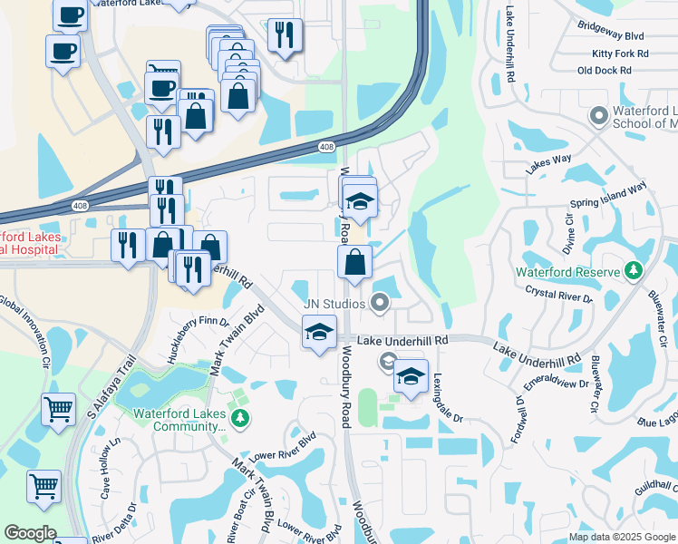 map of restaurants, bars, coffee shops, grocery stores, and more near 12822 Maribou Circle in Orlando