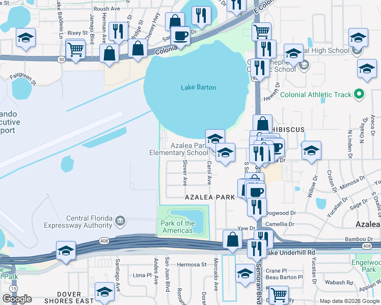 map of restaurants, bars, coffee shops, grocery stores, and more near 5340 Brosche Road in Orlando