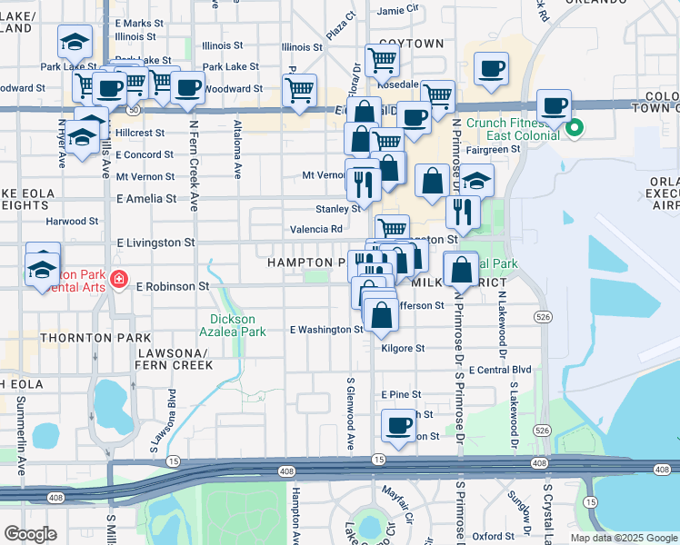 map of restaurants, bars, coffee shops, grocery stores, and more near 2175 Ridgewood Street in Orlando