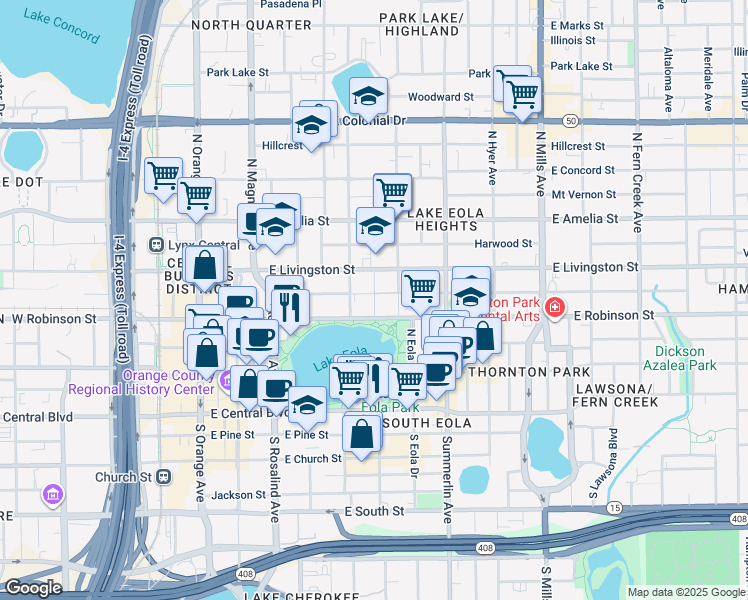 map of restaurants, bars, coffee shops, grocery stores, and more near 412 East Ridgewood Street in Orlando