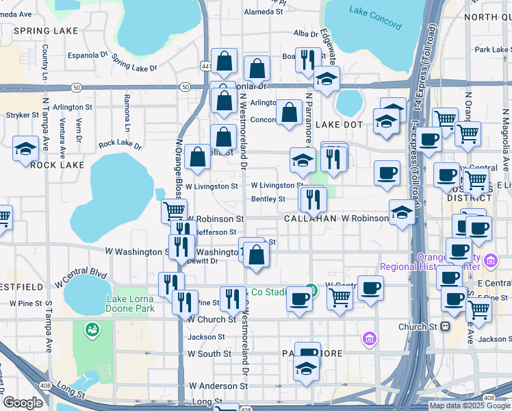 map of restaurants, bars, coffee shops, grocery stores, and more near 317 North Westmoreland Drive in Orlando