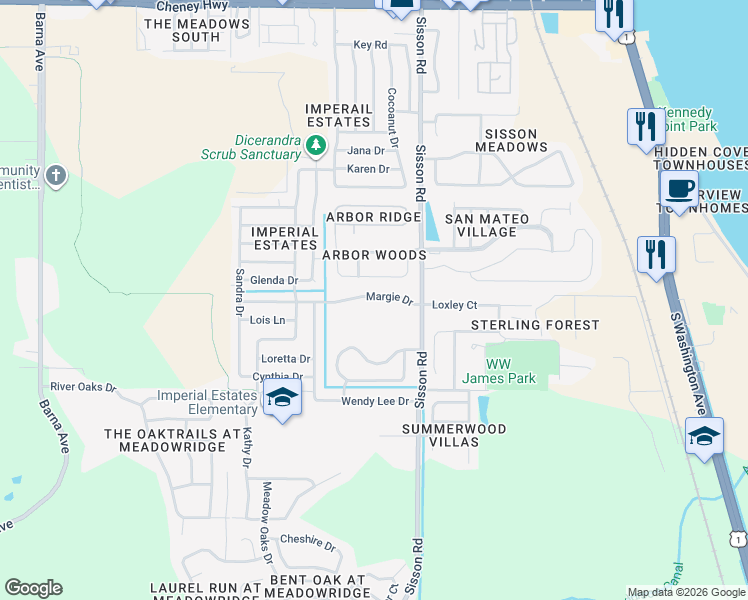 map of restaurants, bars, coffee shops, grocery stores, and more near 545 Margie Drive in Titusville
