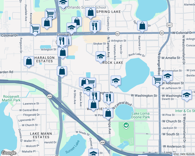 map of restaurants, bars, coffee shops, grocery stores, and more near 321 North Dollins Avenue in Orlando