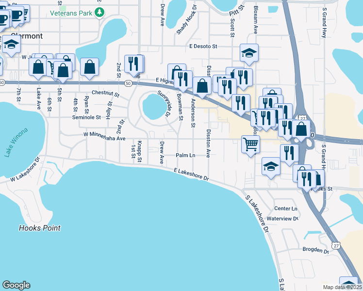 map of restaurants, bars, coffee shops, grocery stores, and more near 1621 Bowman Street in Clermont