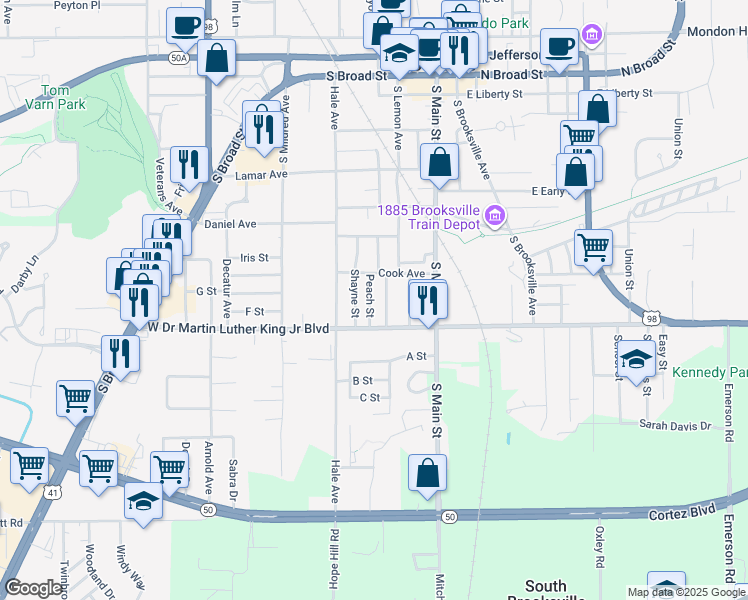 map of restaurants, bars, coffee shops, grocery stores, and more near 813 Peach Street in Brooksville