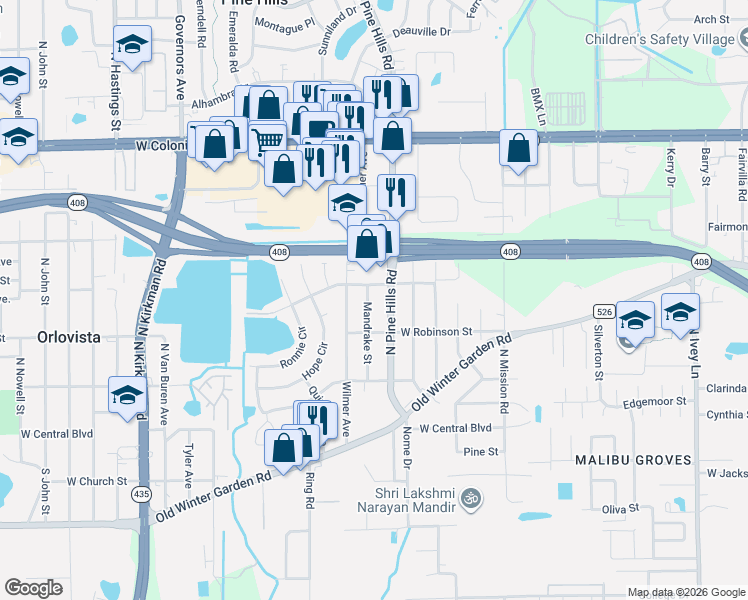 map of restaurants, bars, coffee shops, grocery stores, and more near 367 Mandrake Street in Orlando