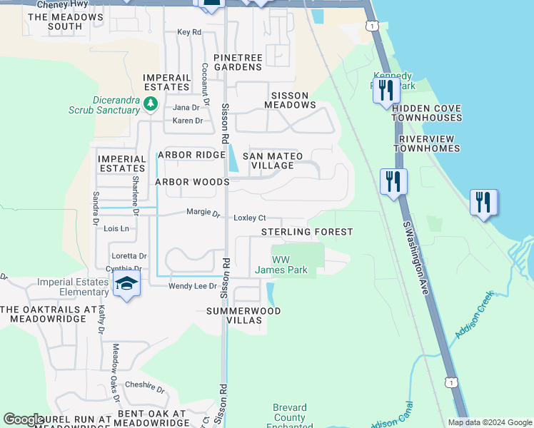 map of restaurants, bars, coffee shops, grocery stores, and more near 560 Loxley Court in Titusville