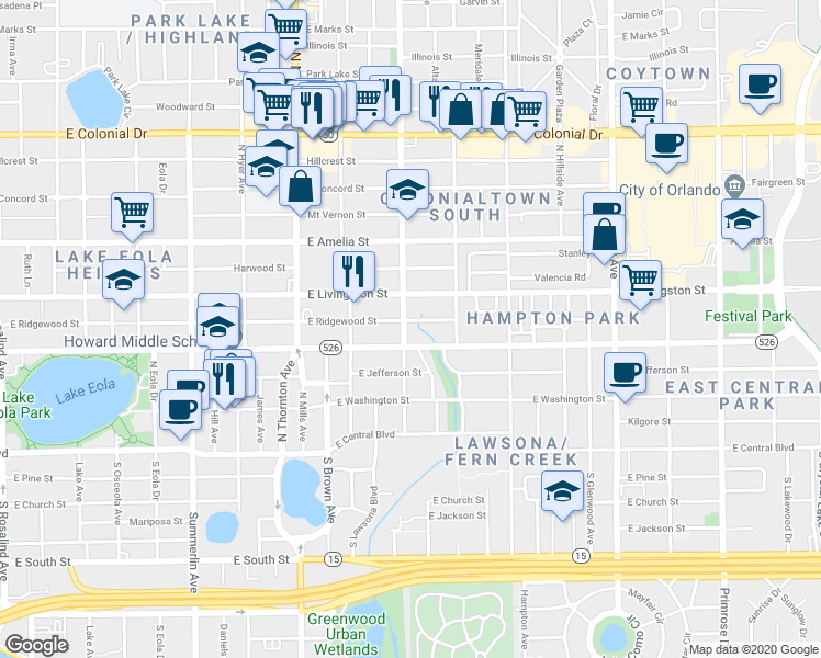 map of restaurants, bars, coffee shops, grocery stores, and more near 315 North Fern Creek Avenue in Orlando