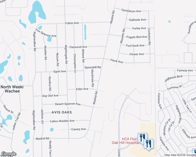 map of restaurants, bars, coffee shops, grocery stores, and more near 11081 Eggers Lane in Brooksville