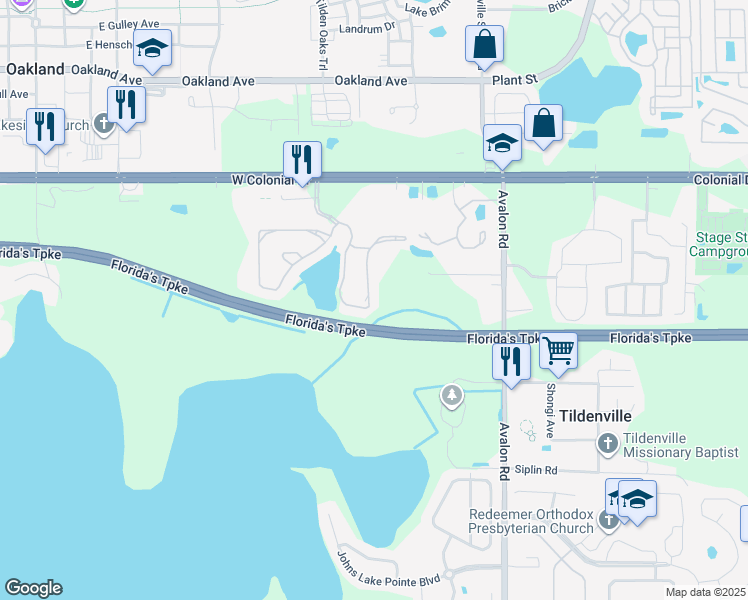 map of restaurants, bars, coffee shops, grocery stores, and more near 1458 Broken Oak Drive in Winter Garden
