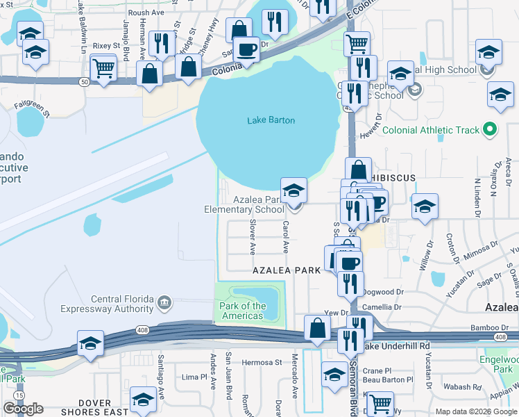 map of restaurants, bars, coffee shops, grocery stores, and more near 5340 Brosche Road in Orlando