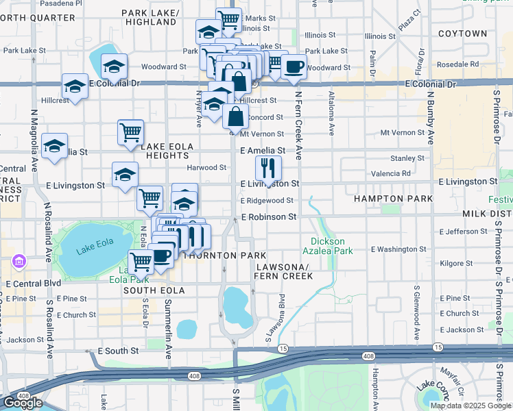 map of restaurants, bars, coffee shops, grocery stores, and more near 1232 East Ridgewood Street in Orlando