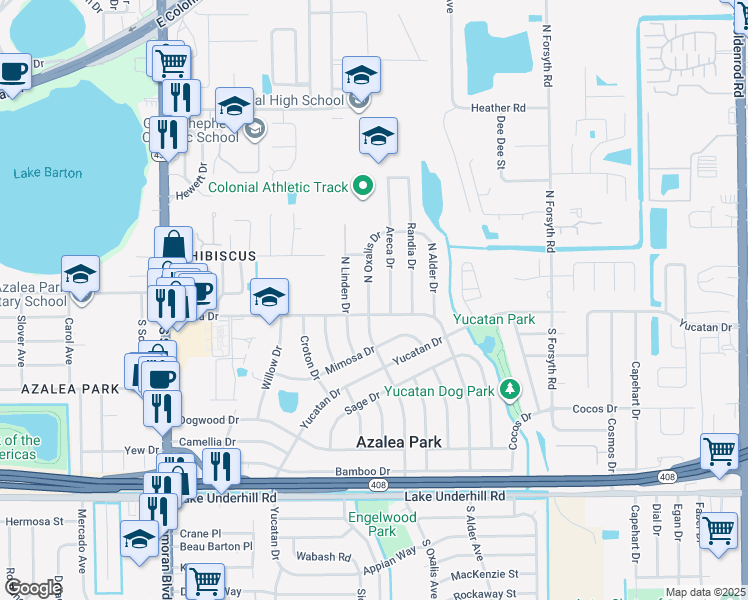 map of restaurants, bars, coffee shops, grocery stores, and more near 11 North Oxalis Drive in Orlando