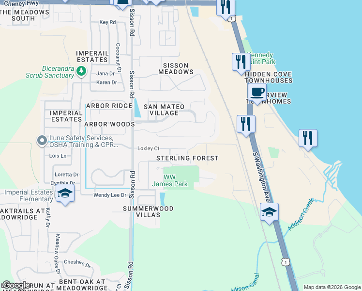 map of restaurants, bars, coffee shops, grocery stores, and more near 440 Loxley Court in Titusville