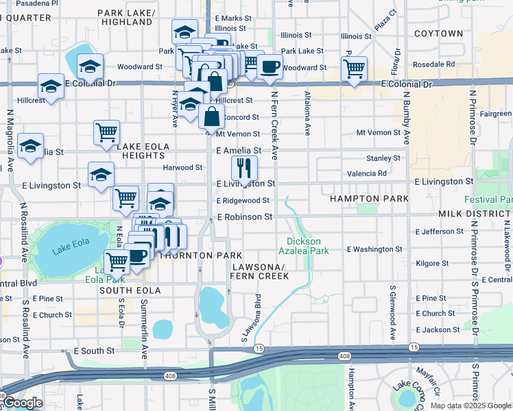 map of restaurants, bars, coffee shops, grocery stores, and more near 1418 East Ridgewood Street in Orlando