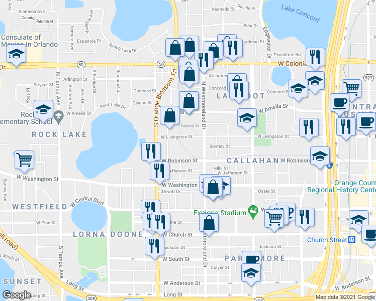 map of restaurants, bars, coffee shops, grocery stores, and more near 1032 Bentley Street in Orlando