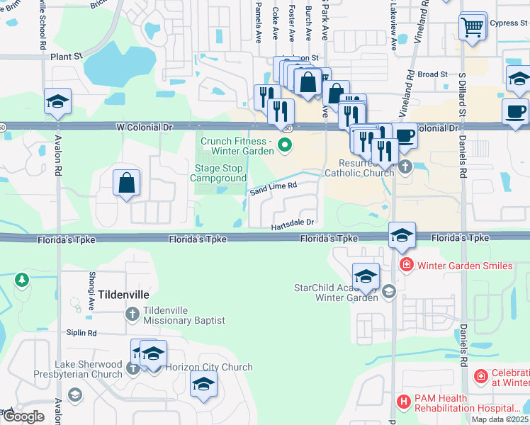 map of restaurants, bars, coffee shops, grocery stores, and more near 1317 Winter Green Way in Winter Garden
