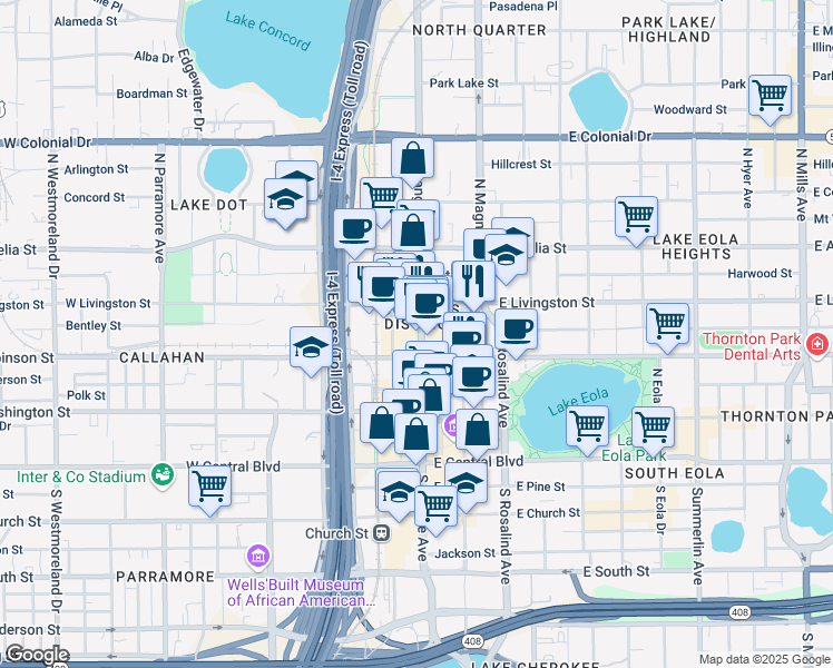 map of restaurants, bars, coffee shops, grocery stores, and more near 340 North Orange Avenue in Orlando