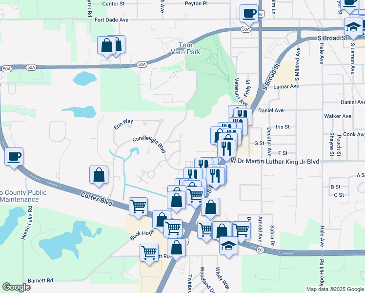 map of restaurants, bars, coffee shops, grocery stores, and more near 839 Village Drive in Brooksville